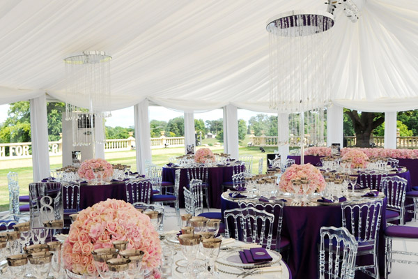 luxury marquee wedding, purple tables, clear chairs