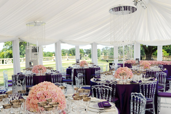 Jacqueline Kennedy - Marquee Weddings luxury marquee wedding, purple tables, clear chairs
