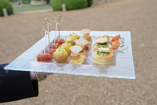 waiter holding glass plate of luxury savoury entree appertisers